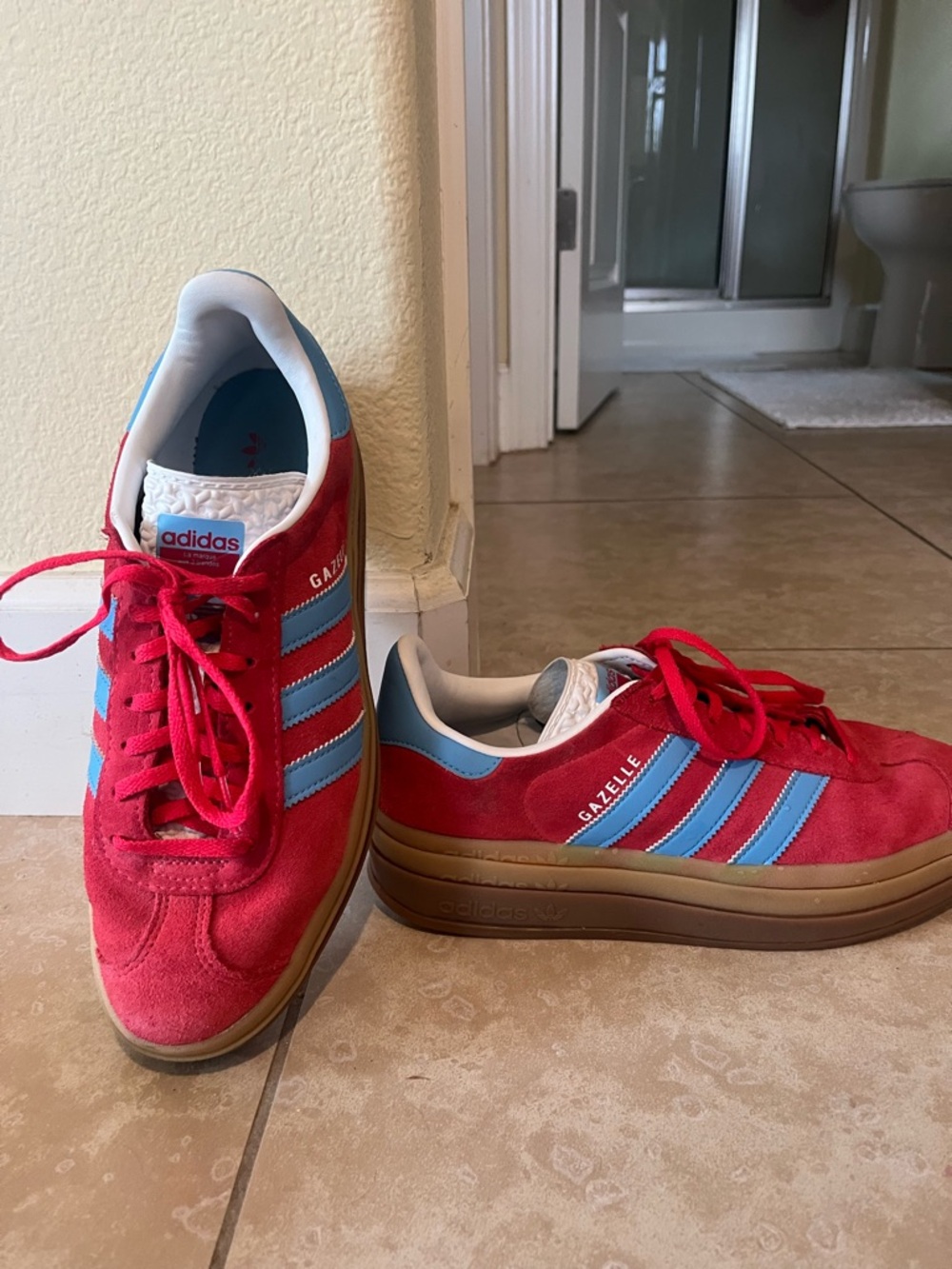 adidas Red Suede Platform Sneakers with Light Blue Stripes
